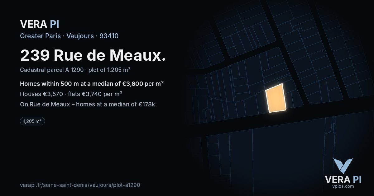 239 Rue de Meaux, Vaujours at night – the plot lit, the parcels around coloured by the prices near them