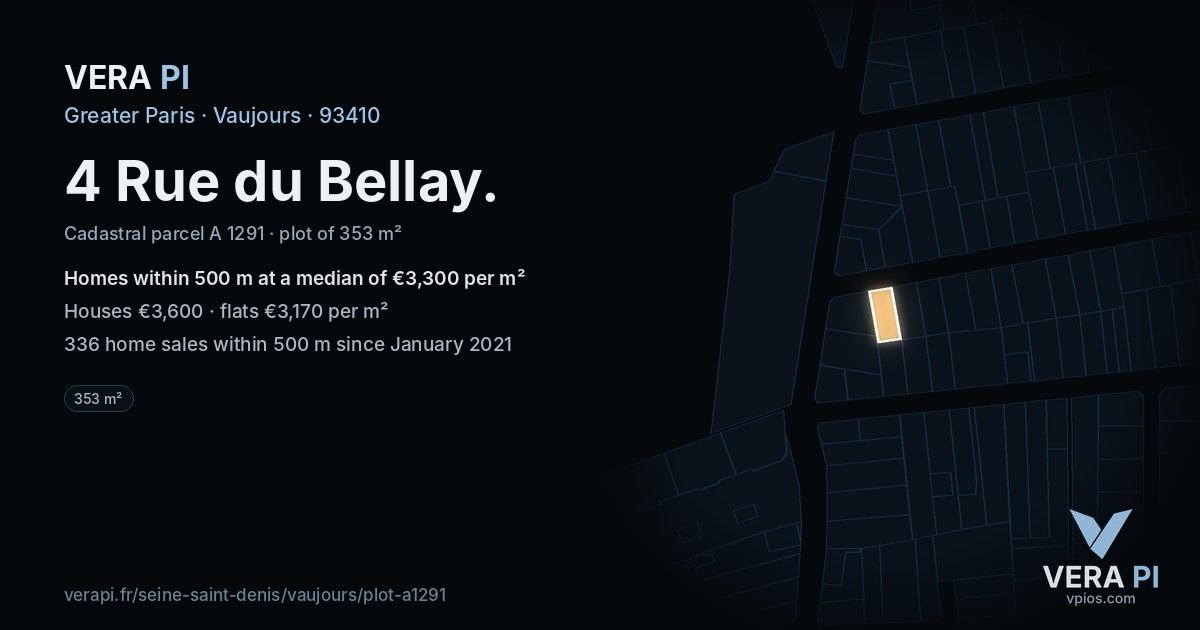 4 Rue du Bellay, Vaujours at night – the plot lit, the parcels around coloured by the prices near them
