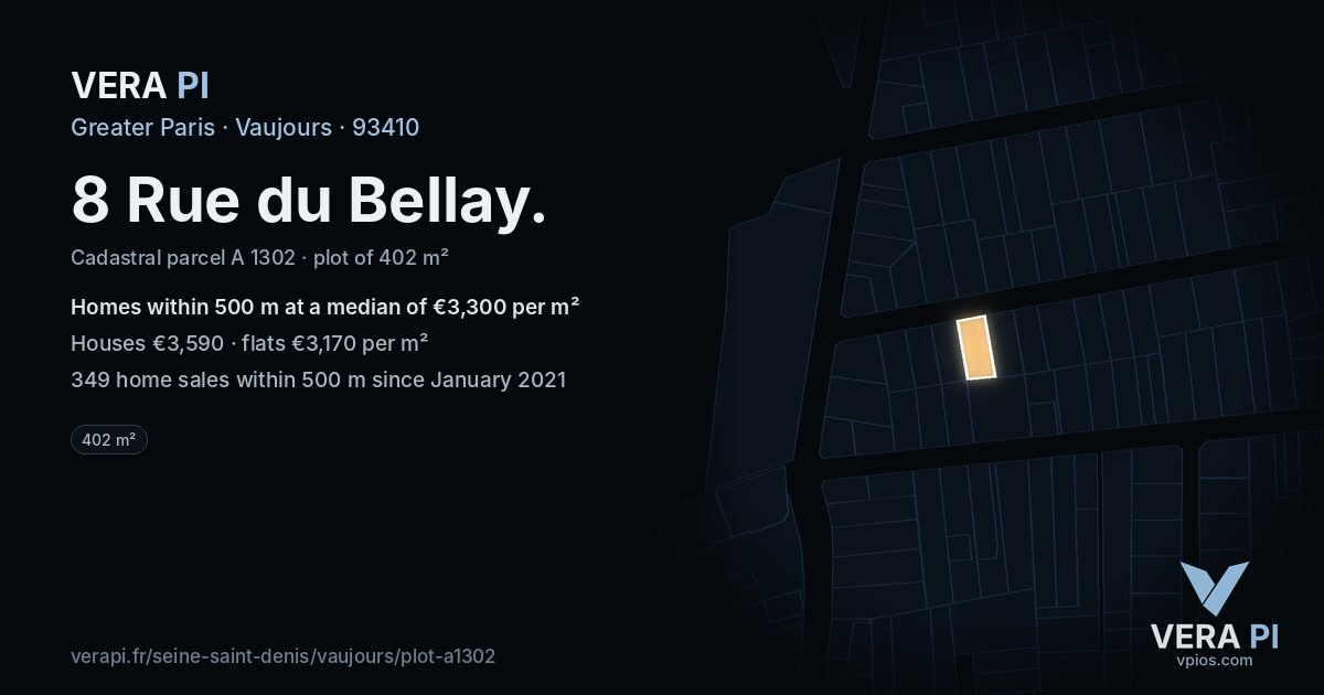 8 Rue du Bellay, Vaujours at night – the plot lit, the parcels around coloured by the prices near them