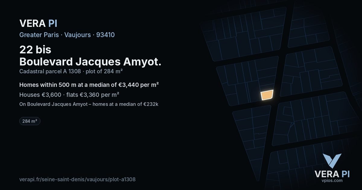 22 bis Boulevard Jacques Amyot, Vaujours at night – the plot lit, the parcels around coloured by the prices near them