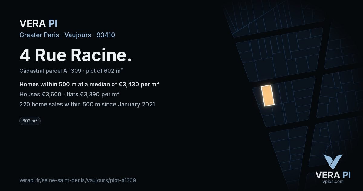 4 Rue Racine, Vaujours at night – the plot lit, the parcels around coloured by the prices near them