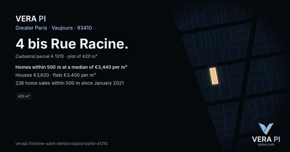 4 bis Rue Racine, Vaujours at night – the plot lit, the parcels around coloured by the prices near them
