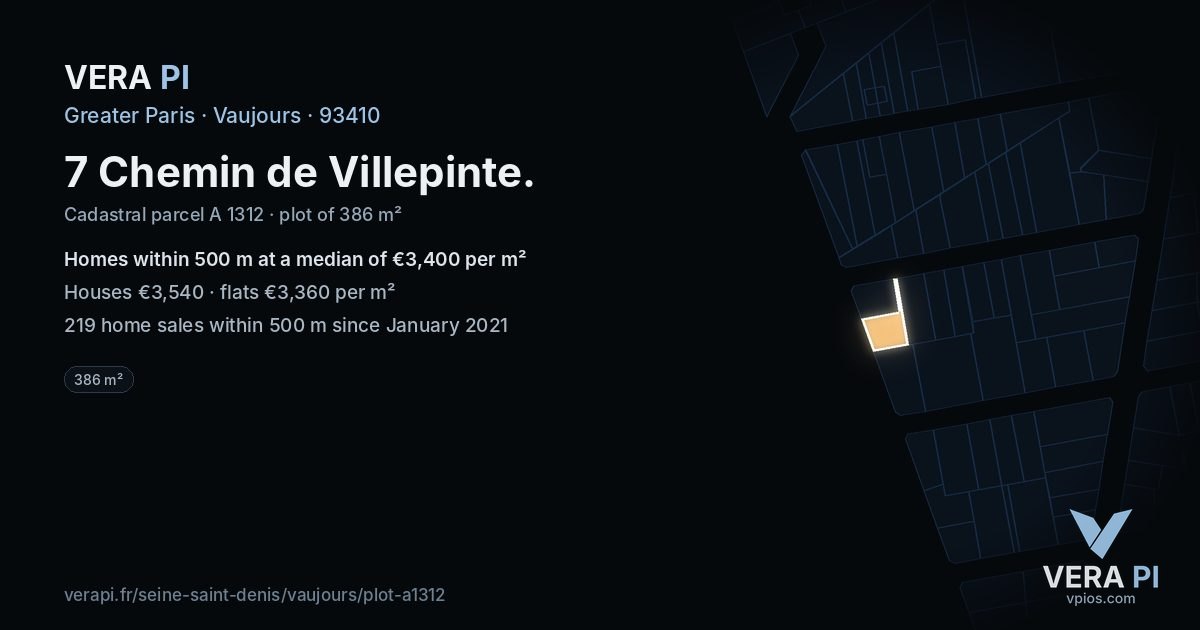 7 Chemin de Villepinte, Vaujours at night – the plot lit, the parcels around coloured by the prices near them
