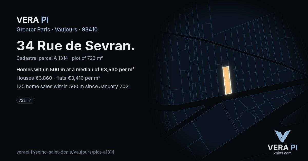 34 Rue de Sevran, Vaujours at night – the plot lit, the parcels around coloured by the prices near them