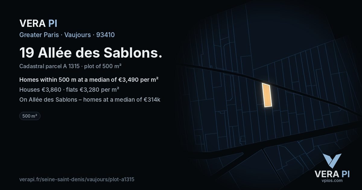19 Allée des Sablons, Vaujours at night – the plot lit, the parcels around coloured by the prices near them