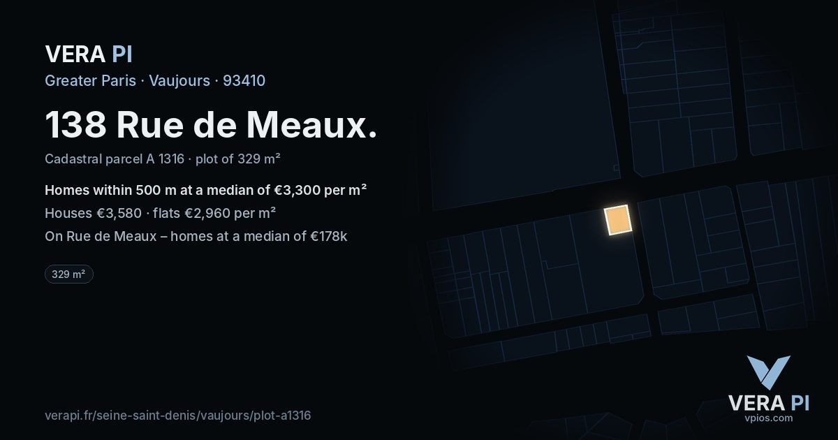 138 Rue de Meaux, Vaujours at night – the plot lit, the parcels around coloured by the prices near them