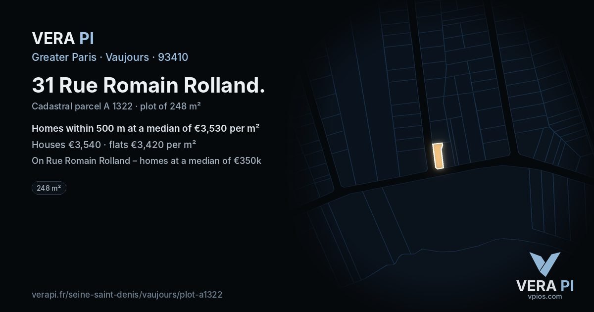 31 Rue Romain Rolland, Vaujours at night – the plot lit, the parcels around coloured by the prices near them