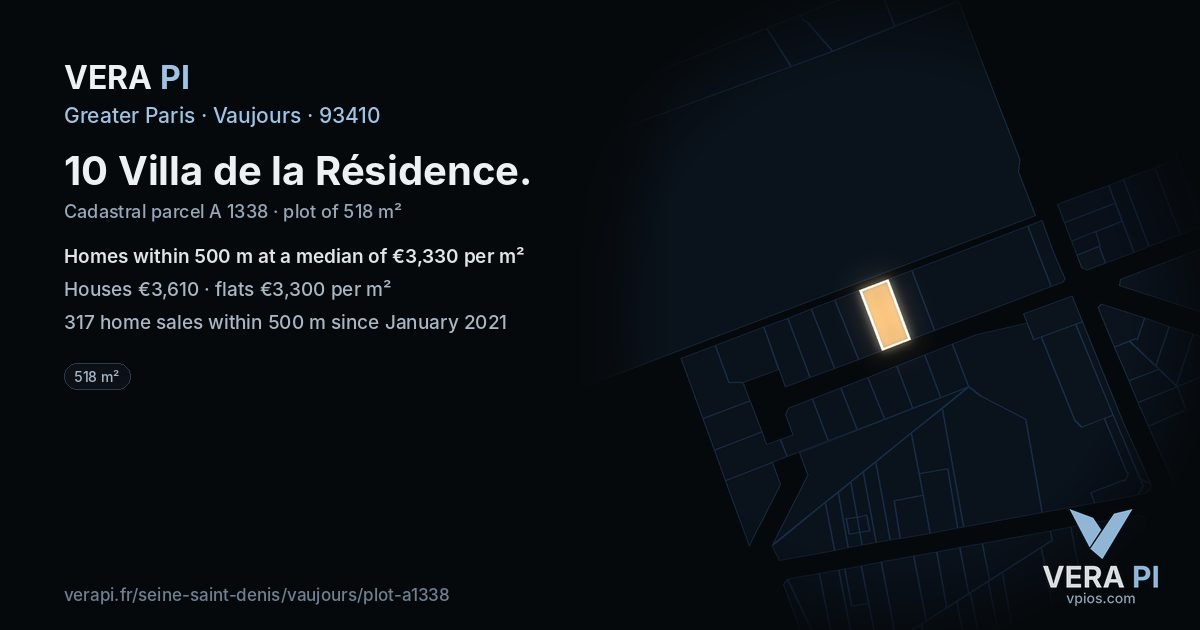 10 Villa de la Résidence, Vaujours at night – the plot lit, the parcels around coloured by the prices near them