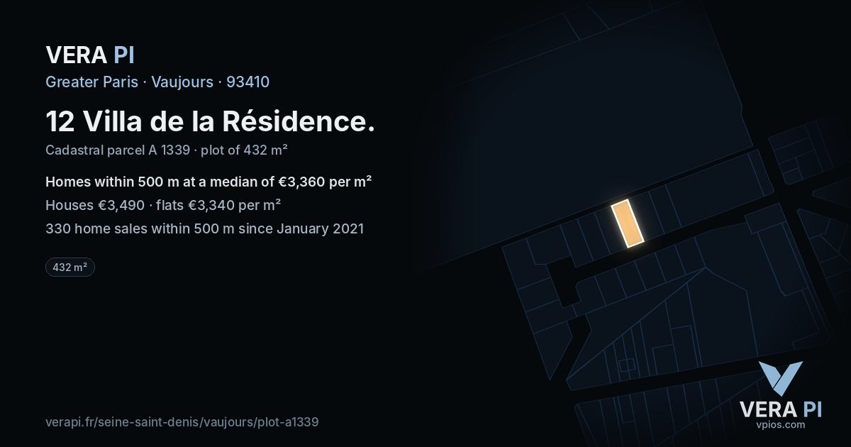 12 Villa de la Résidence, Vaujours at night – the plot lit, the parcels around coloured by the prices near them