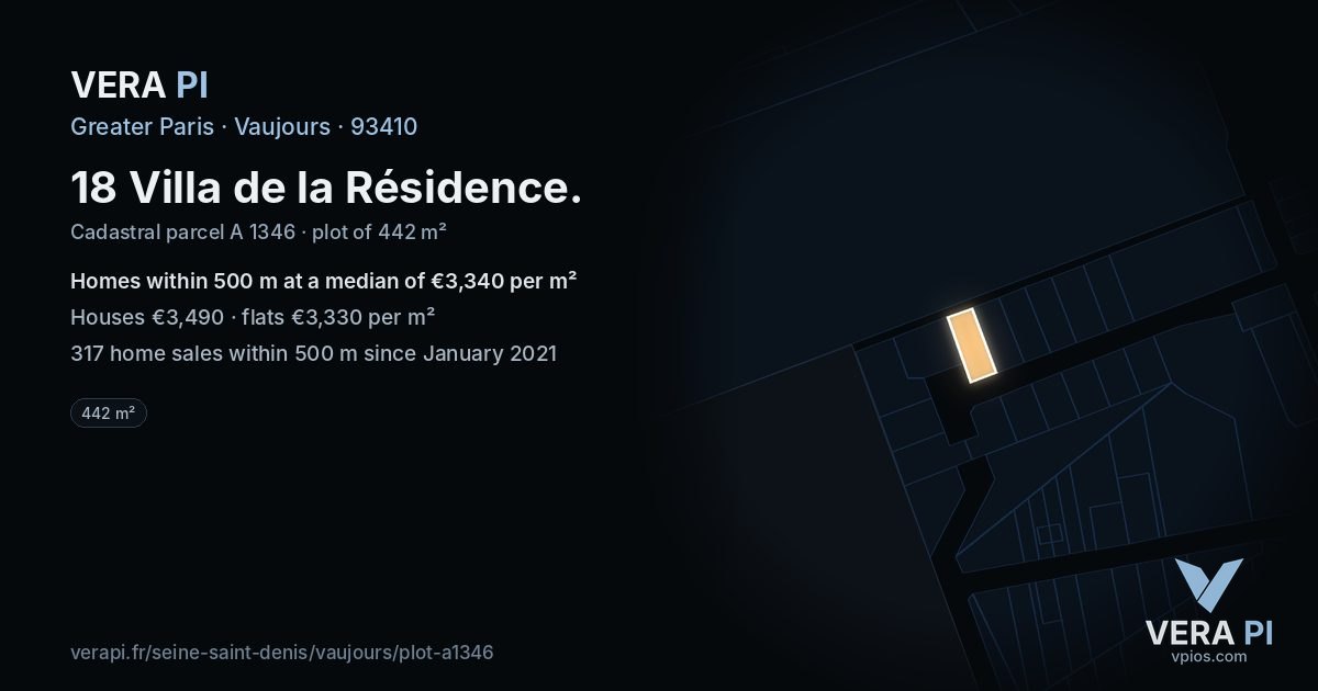 18 Villa de la Résidence, Vaujours at night – the plot lit, the parcels around coloured by the prices near them