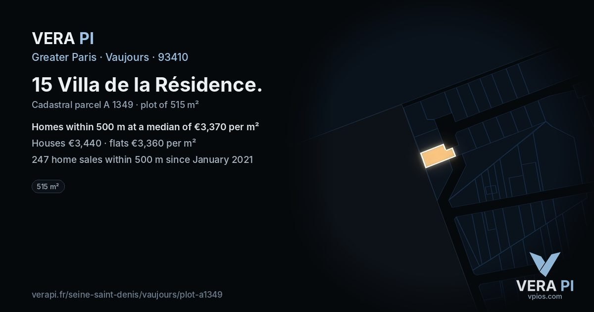 15 Villa de la Résidence, Vaujours at night – the plot lit, the parcels around coloured by the prices near them