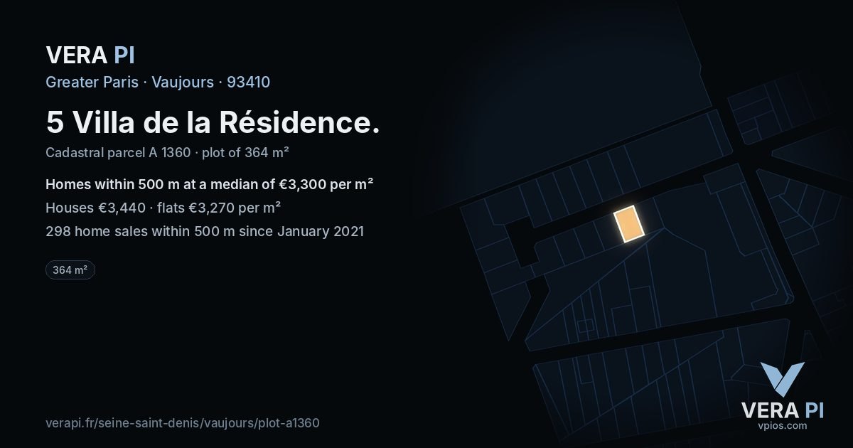 5 Villa de la Résidence, Vaujours at night – the plot lit, the parcels around coloured by the prices near them