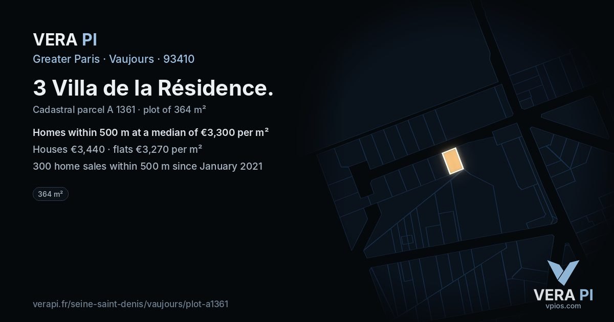3 Villa de la Résidence, Vaujours at night – the plot lit, the parcels around coloured by the prices near them