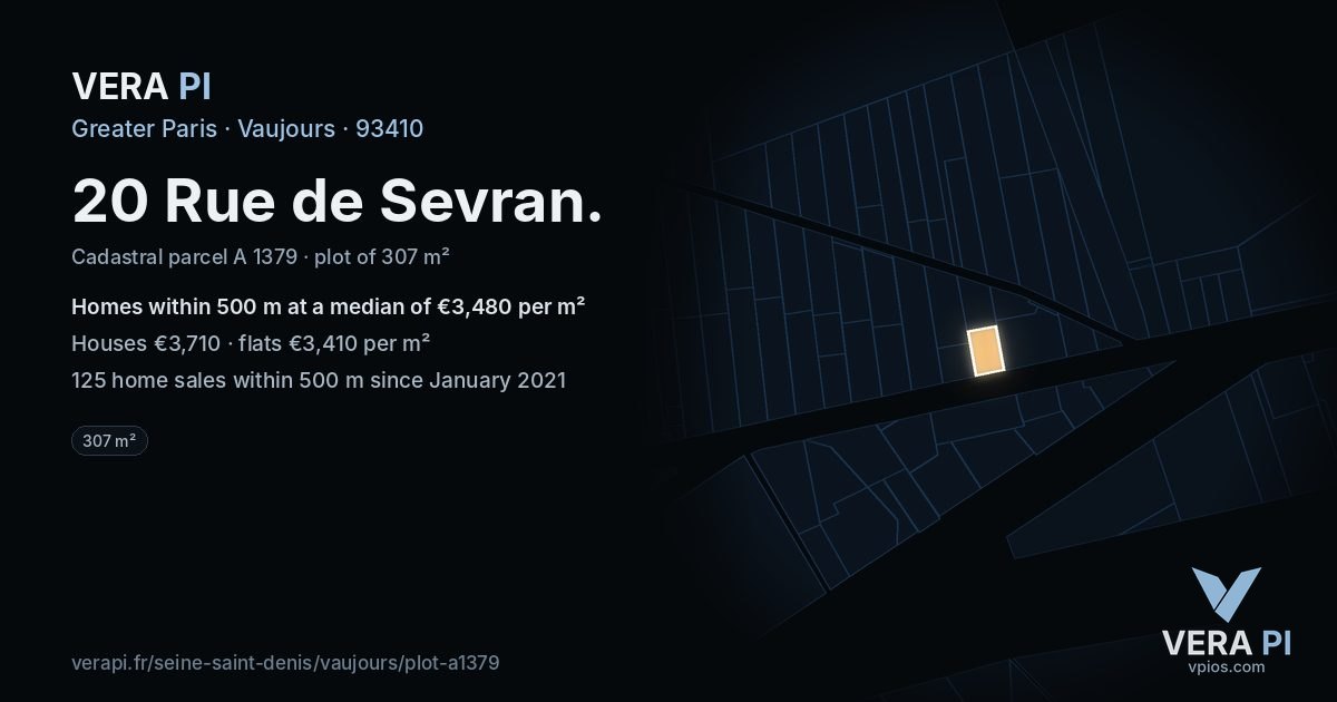 20 Rue de Sevran, Vaujours at night – the plot lit, the parcels around coloured by the prices near them
