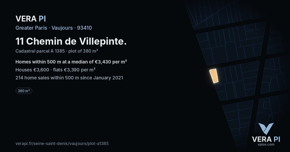 11 Chemin de Villepinte, Vaujours at night – the plot lit, the parcels around coloured by the prices near them