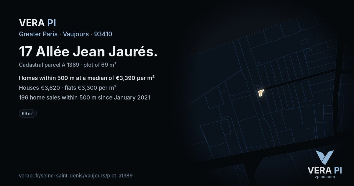17 Allée Jean Jaurés, Vaujours at night – the plot lit, the parcels around coloured by the prices near them