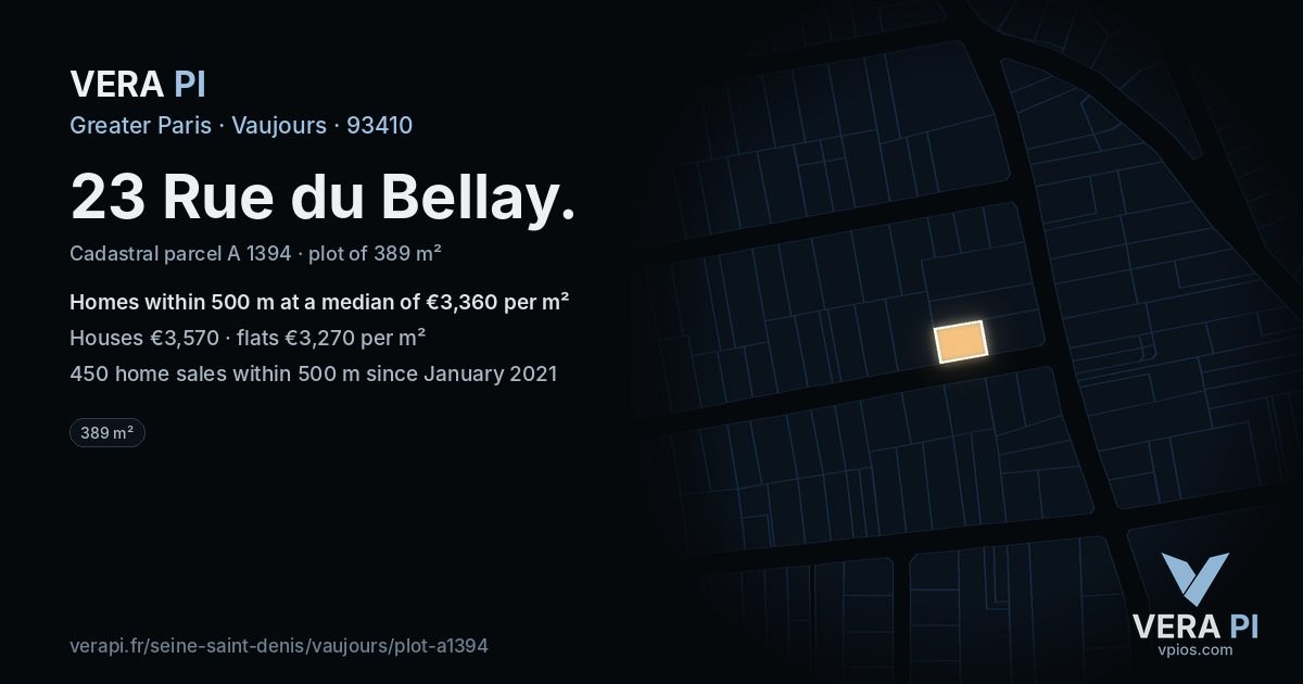 23 Rue du Bellay, Vaujours at night – the plot lit, the parcels around coloured by the prices near them