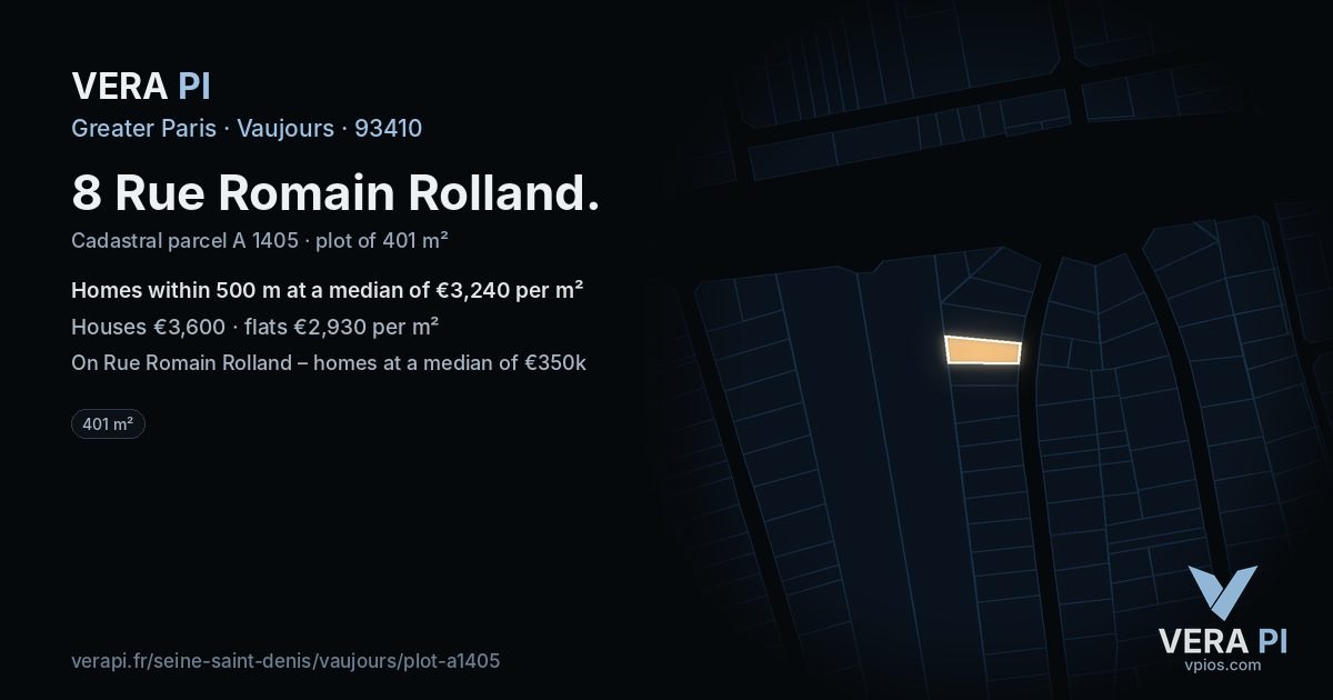 8 Rue Romain Rolland, Vaujours at night – the plot lit, the parcels around coloured by the prices near them
