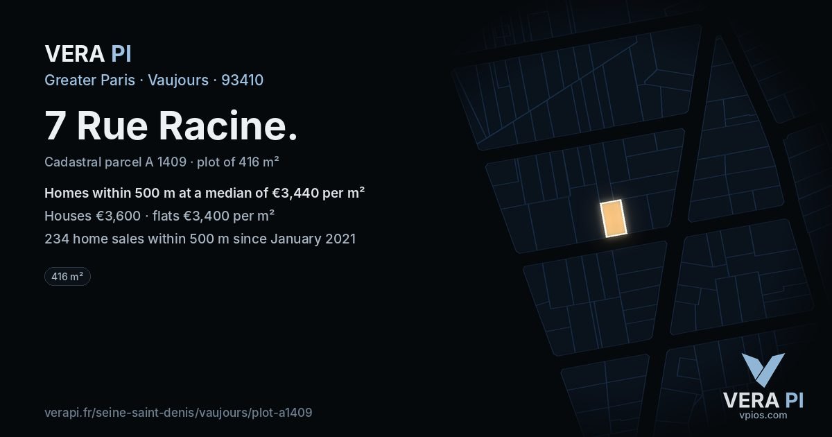 7 Rue Racine, Vaujours at night – the plot lit, the parcels around coloured by the prices near them