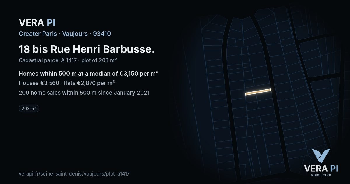 18 bis Rue Henri Barbusse, Vaujours at night – the plot lit, the parcels around coloured by the prices near them