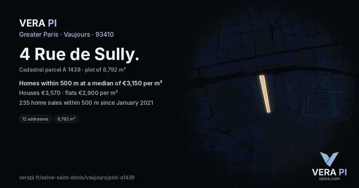 4 Rue de Sully, Vaujours at night – the plot lit, the parcels around coloured by the prices near them