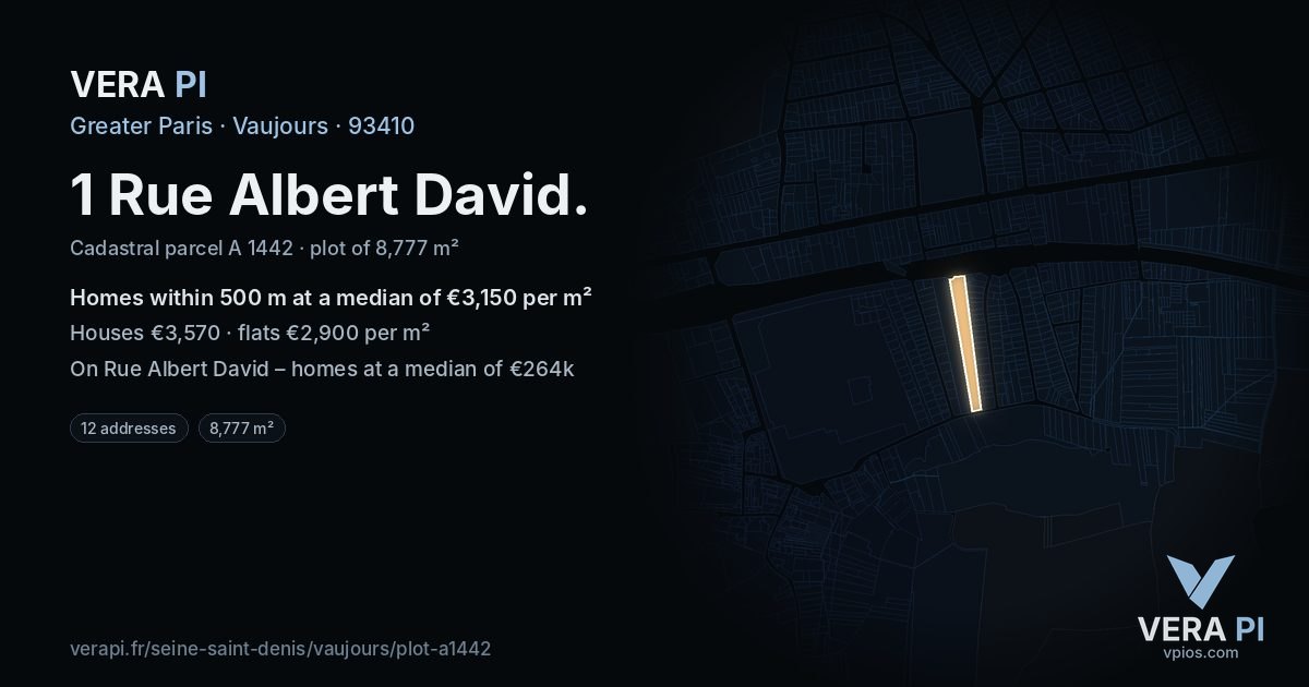 1 Rue Albert David, Vaujours at night – the plot lit, the parcels around coloured by the prices near them