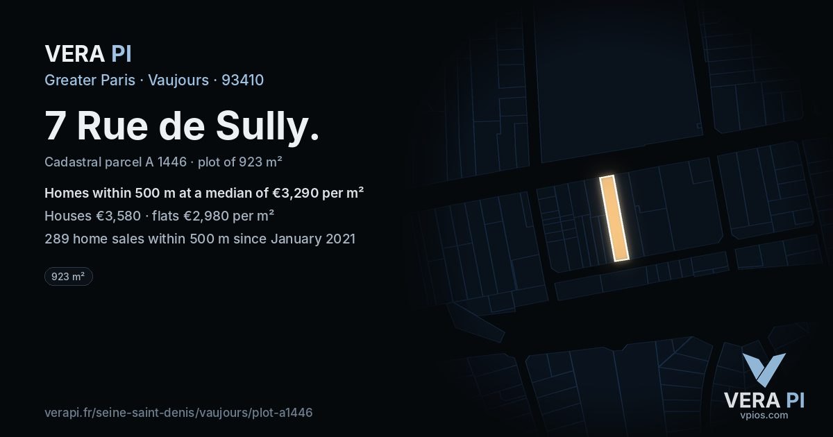 7 Rue de Sully, Vaujours at night – the plot lit, the parcels around coloured by the prices near them