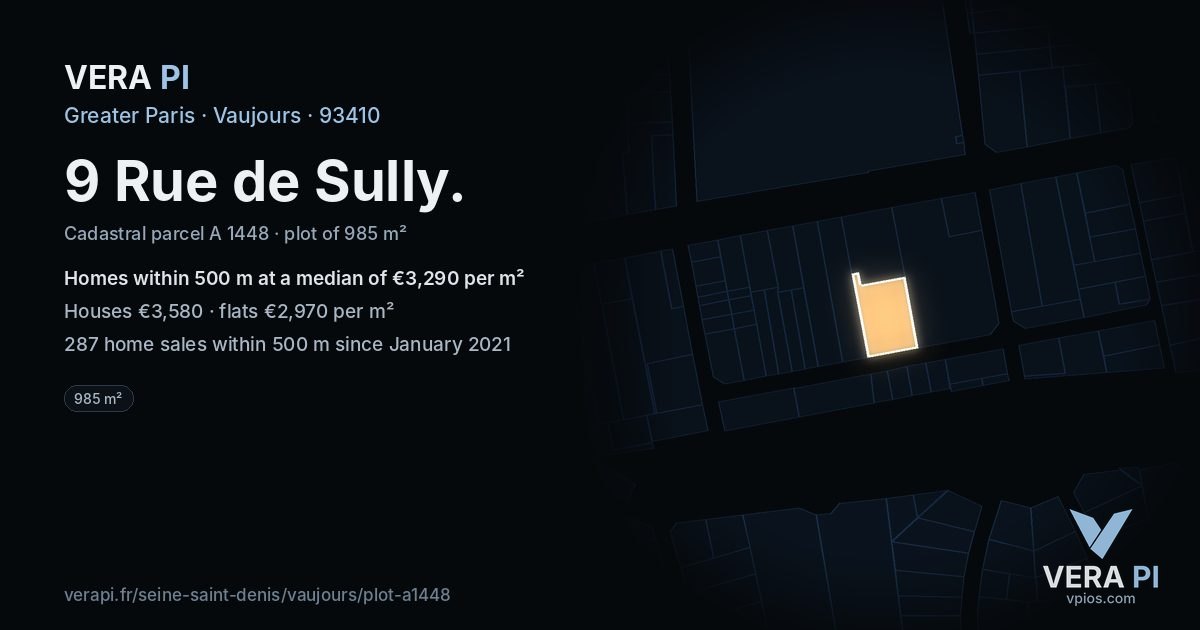 9 Rue de Sully, Vaujours at night – the plot lit, the parcels around coloured by the prices near them