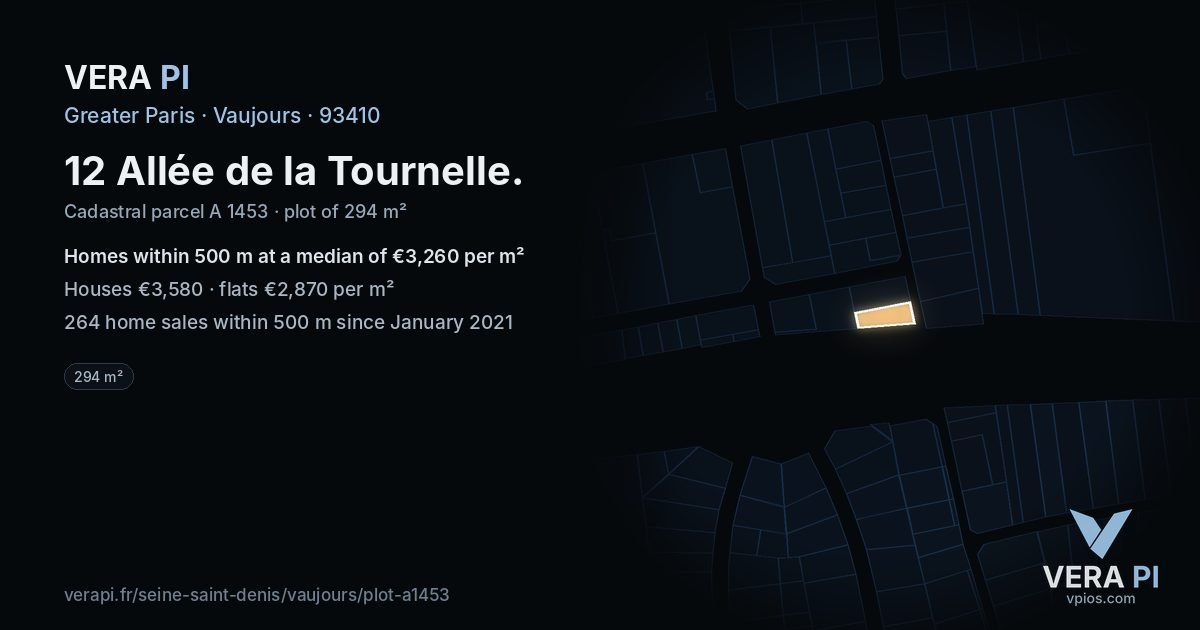 12 Allée de la Tournelle, Vaujours at night – the plot lit, the parcels around coloured by the prices near them