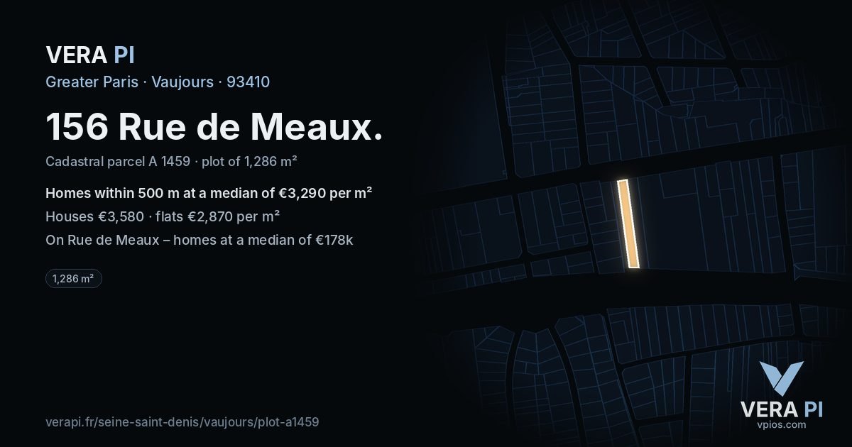 156 Rue de Meaux, Vaujours at night – the plot lit, the parcels around coloured by the prices near them