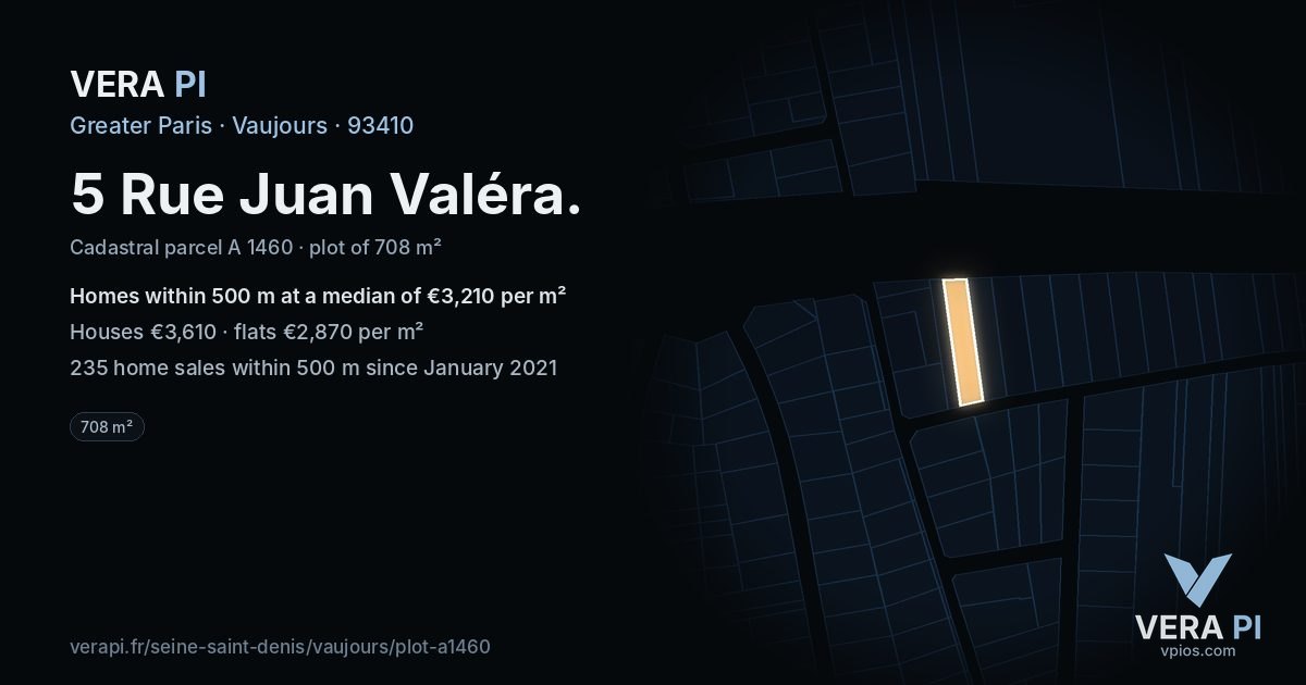 5 Rue Juan Valéra, Vaujours at night – the plot lit, the parcels around coloured by the prices near them