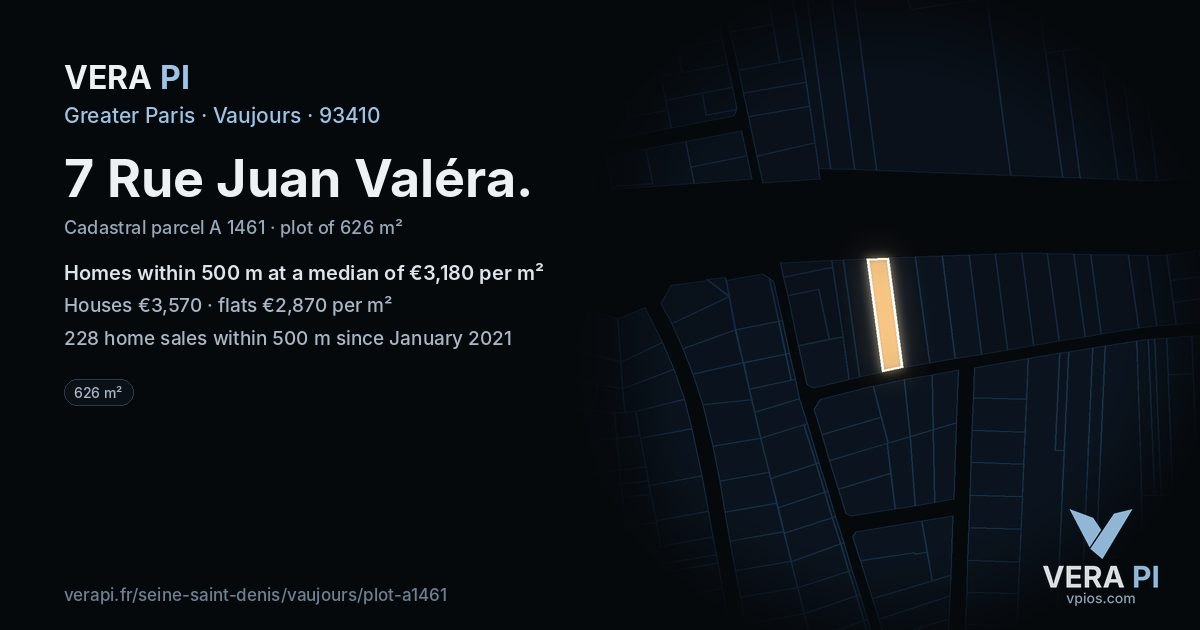 7 Rue Juan Valéra, Vaujours at night – the plot lit, the parcels around coloured by the prices near them