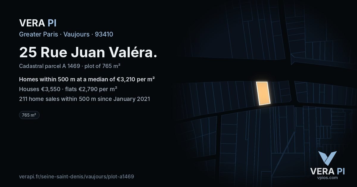 25 Rue Juan Valéra, Vaujours at night – the plot lit, the parcels around coloured by the prices near them
