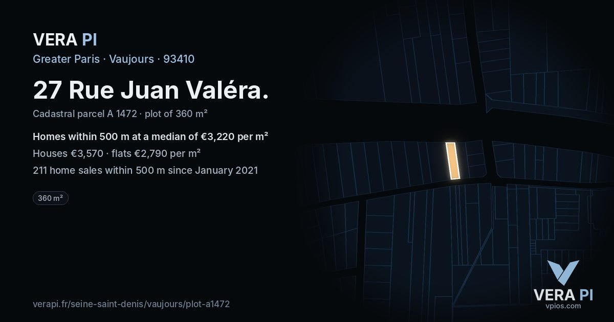 27 Rue Juan Valéra, Vaujours at night – the plot lit, the parcels around coloured by the prices near them