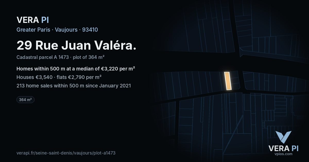 29 Rue Juan Valéra, Vaujours at night – the plot lit, the parcels around coloured by the prices near them