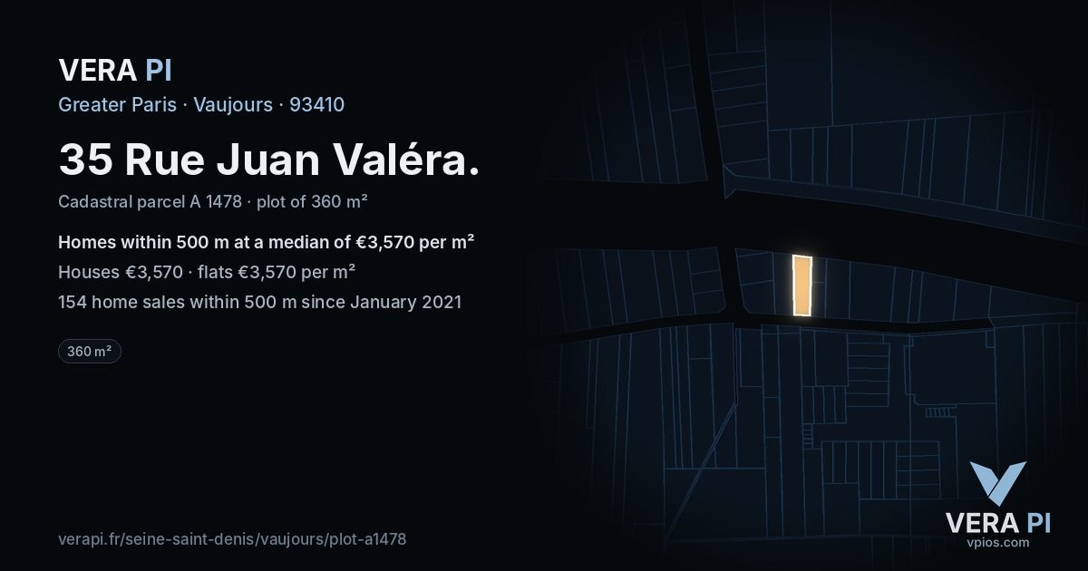 35 Rue Juan Valéra, Vaujours at night – the plot lit, the parcels around coloured by the prices near them