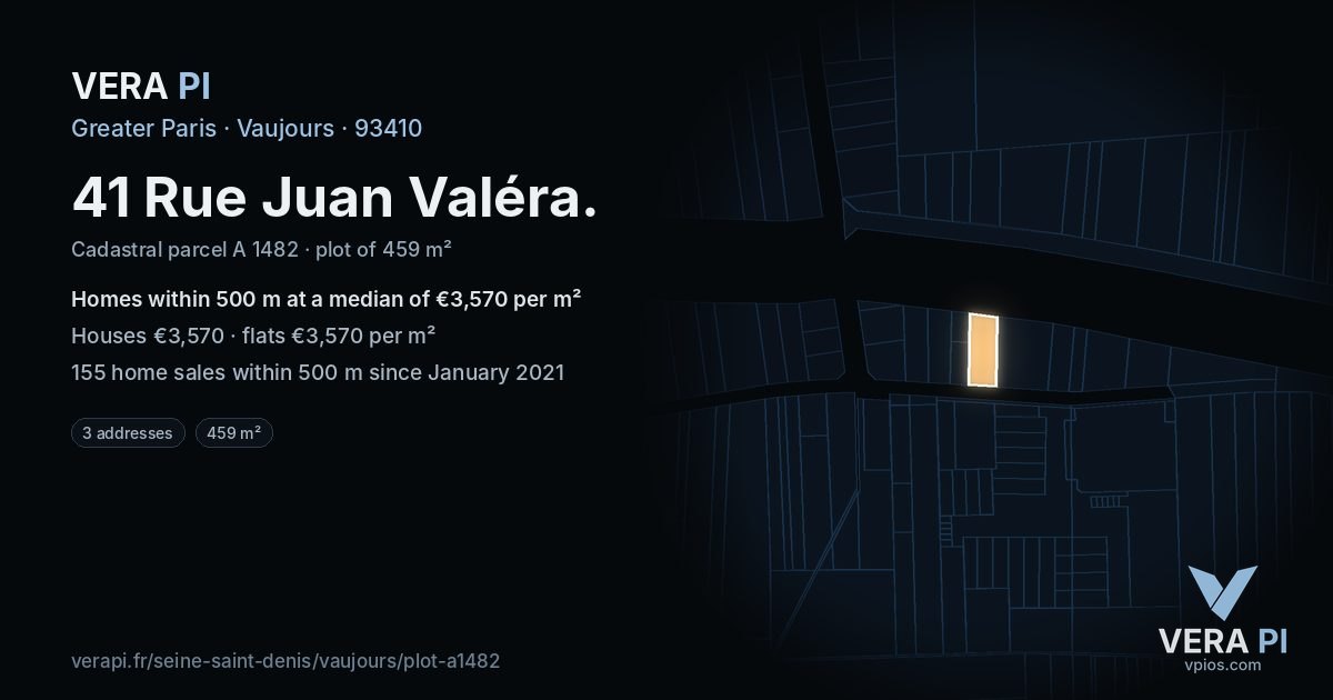 41 Rue Juan Valéra, Vaujours at night – the plot lit, the parcels around coloured by the prices near them