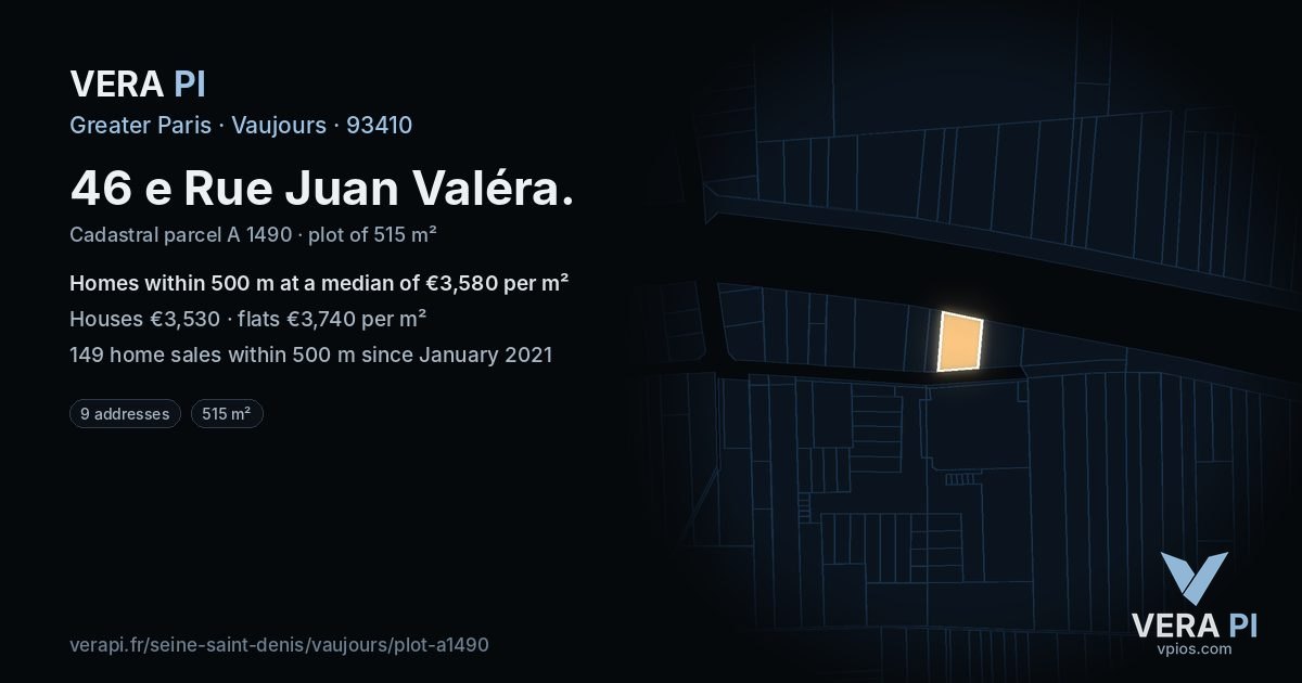 46 e Rue Juan Valéra, Vaujours at night – the plot lit, the parcels around coloured by the prices near them