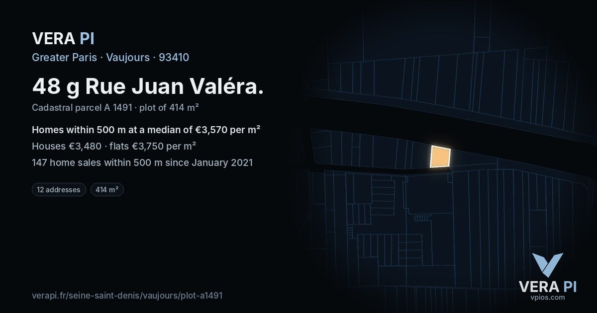 48 g Rue Juan Valéra, Vaujours at night – the plot lit, the parcels around coloured by the prices near them