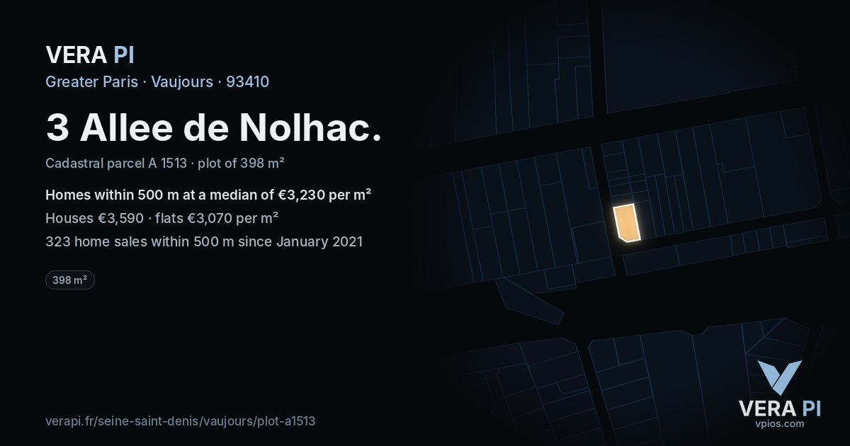 3 Allee de Nolhac, Vaujours at night – the plot lit, the parcels around coloured by the prices near them