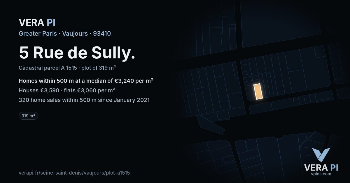 5 Rue de Sully, Vaujours at night – the plot lit, the parcels around coloured by the prices near them