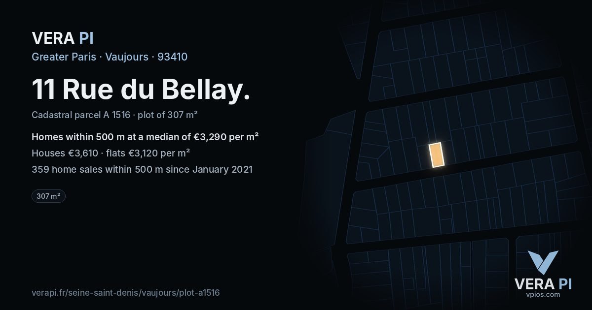 11 Rue du Bellay, Vaujours at night – the plot lit, the parcels around coloured by the prices near them