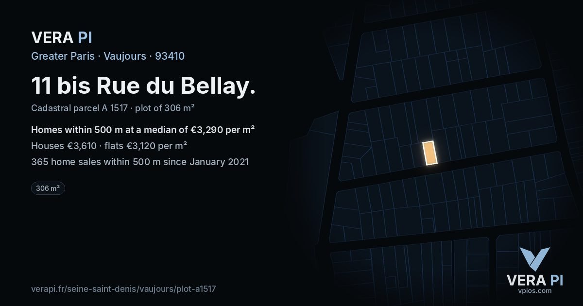 11 bis Rue du Bellay, Vaujours at night – the plot lit, the parcels around coloured by the prices near them