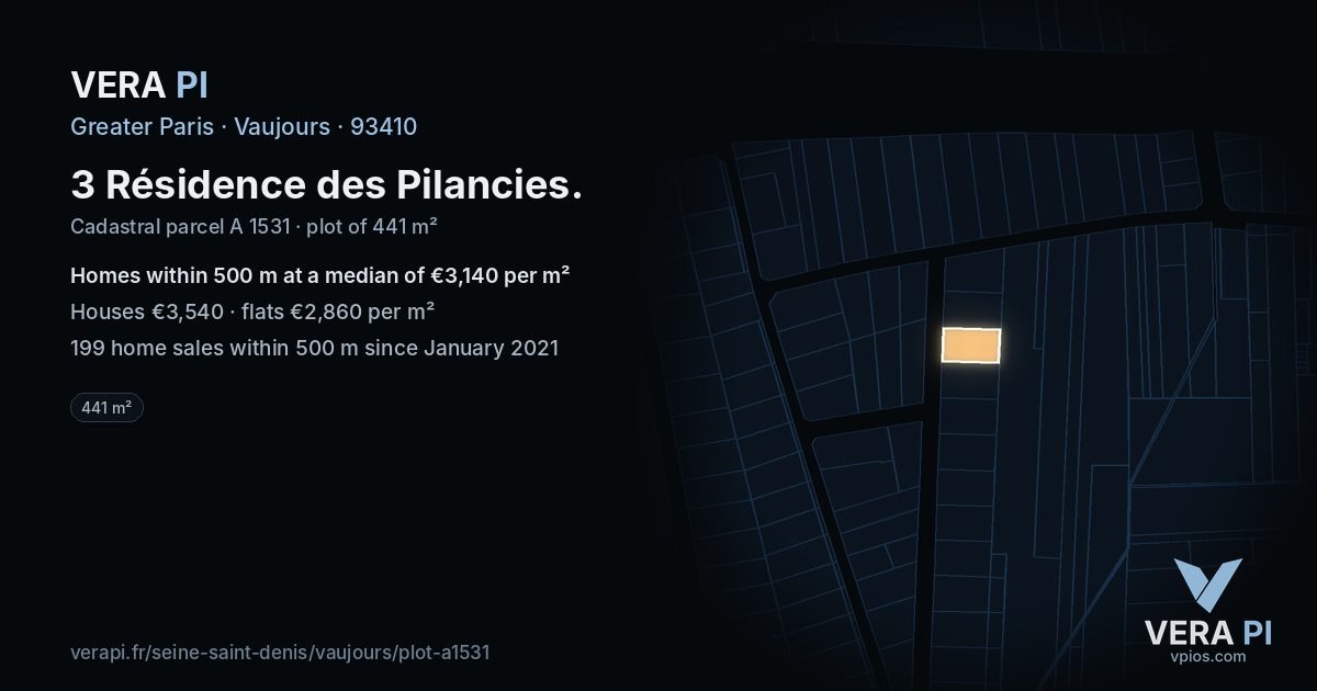 3 Résidence des Pilancies, Vaujours at night – the plot lit, the parcels around coloured by the prices near them
