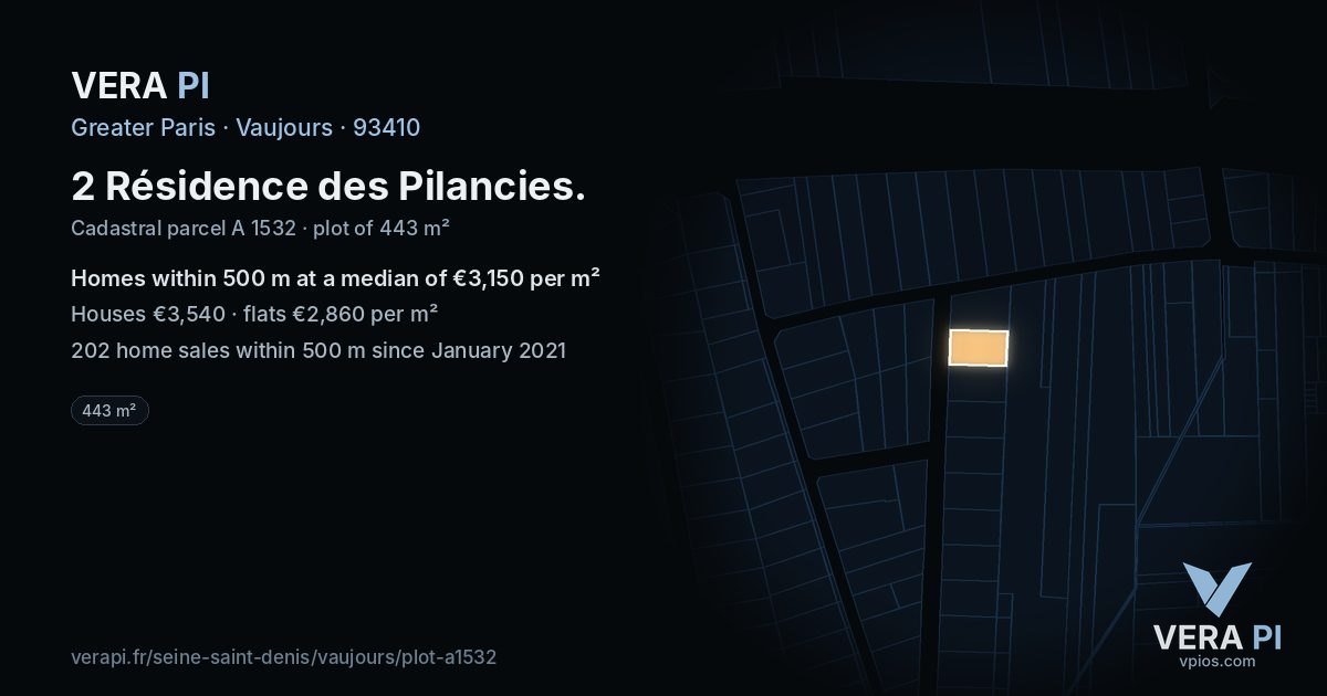 2 Résidence des Pilancies, Vaujours at night – the plot lit, the parcels around coloured by the prices near them