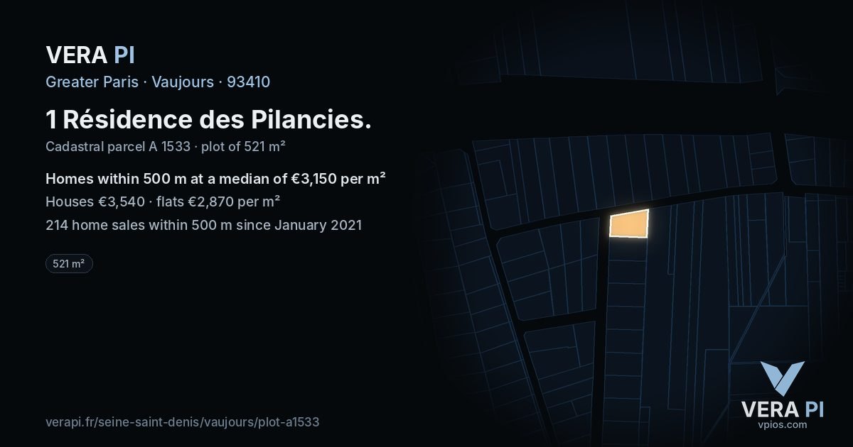 1 Résidence des Pilancies, Vaujours at night – the plot lit, the parcels around coloured by the prices near them