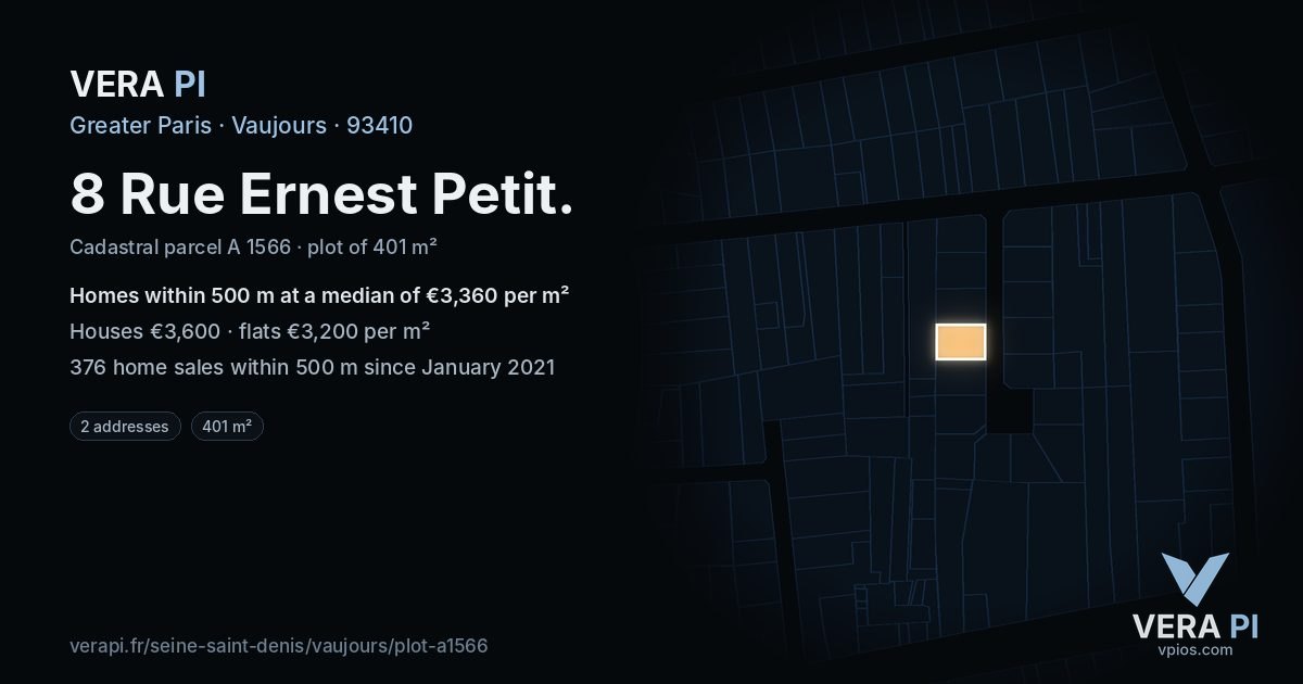 8 Rue Ernest Petit, Vaujours at night – the plot lit, the parcels around coloured by the prices near them