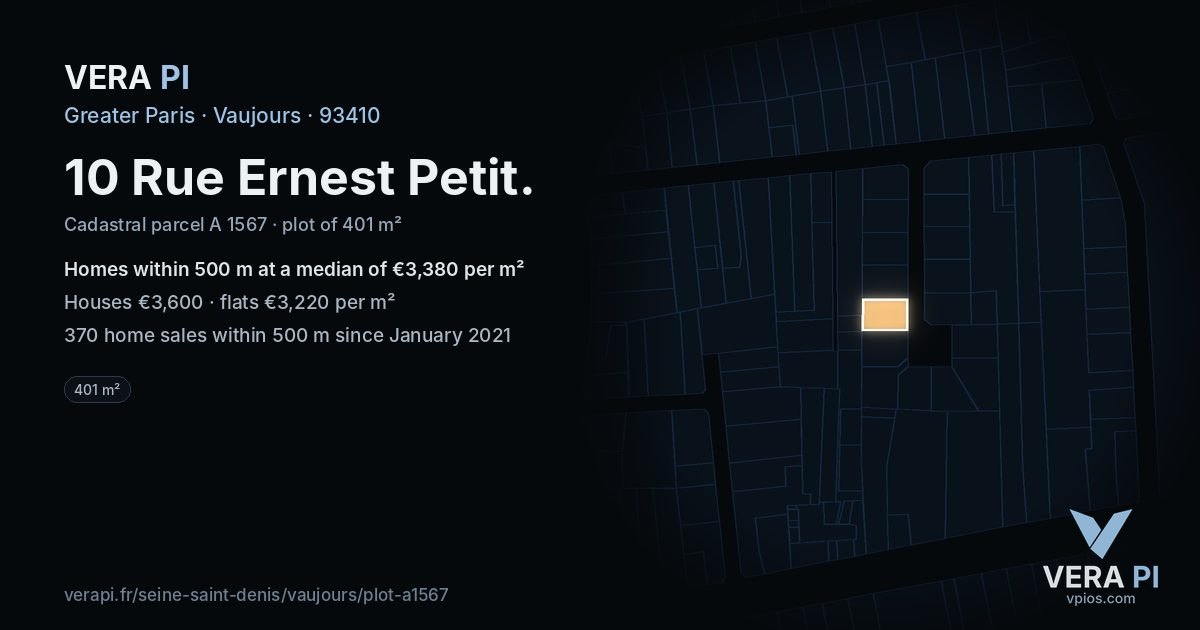 10 Rue Ernest Petit, Vaujours at night – the plot lit, the parcels around coloured by the prices near them