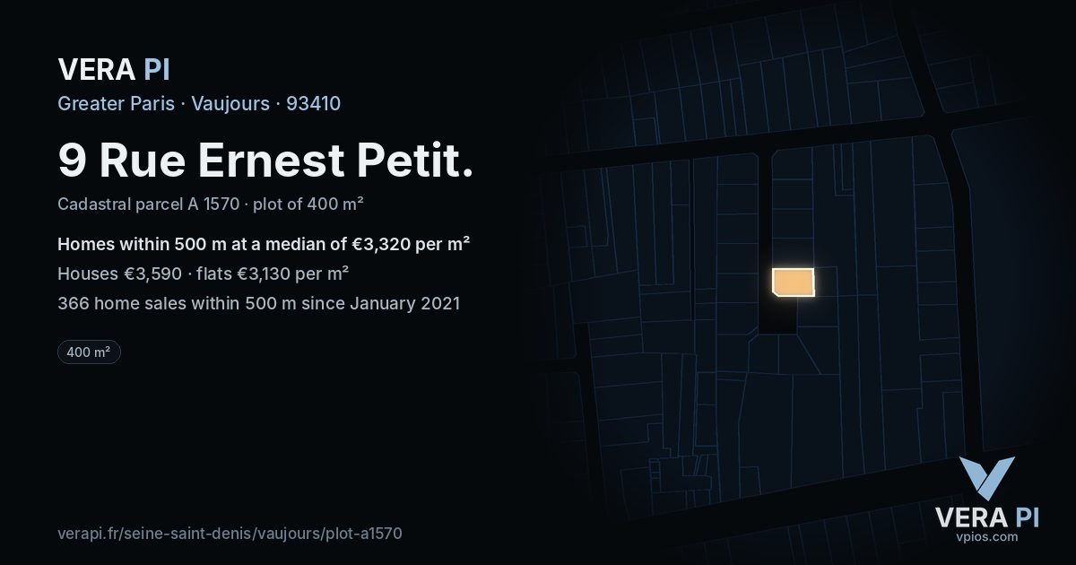 9 Rue Ernest Petit, Vaujours at night – the plot lit, the parcels around coloured by the prices near them