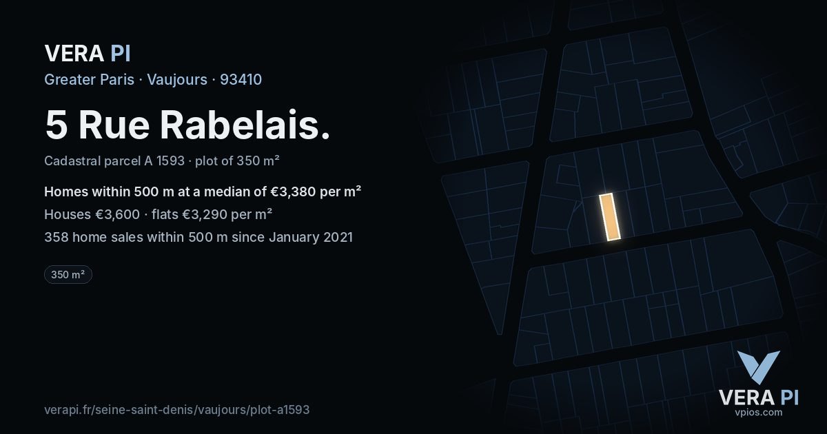 5 Rue Rabelais, Vaujours at night – the plot lit, the parcels around coloured by the prices near them